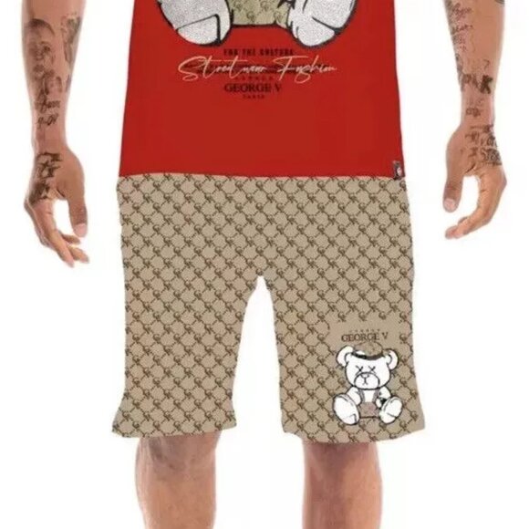 Avenue George V Paris Short Set Men's Red 2 piece set Teddy Bear Rhinestone 3XL - Picture 3 of 8